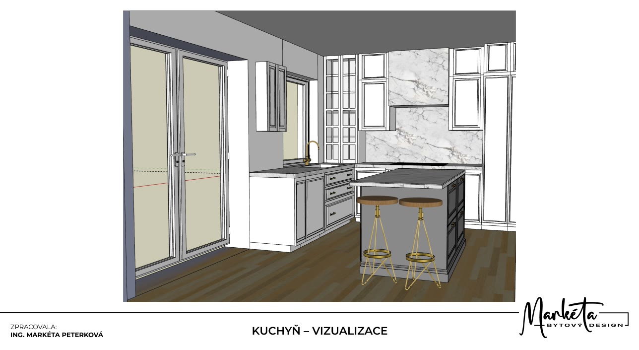 Vizualizace dispozičního řešení elegantní kuchyně s ostrůvkem a barovým posezením