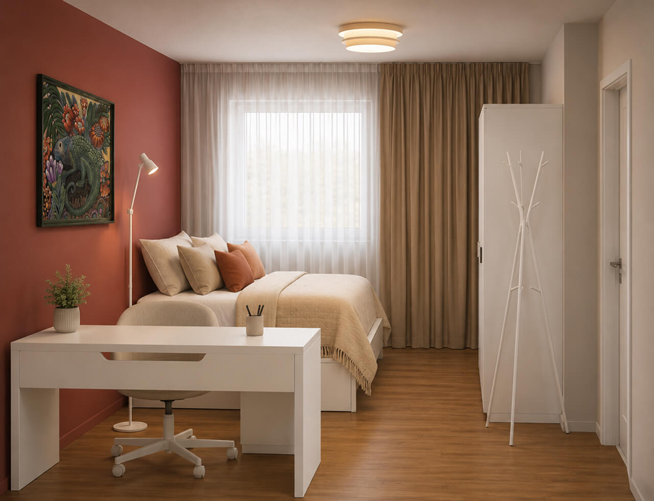 Vizualizace elegantní ložnice pro dámu s pracovním koutem, bílým nábytkem a terakotovou akcentní stěnou