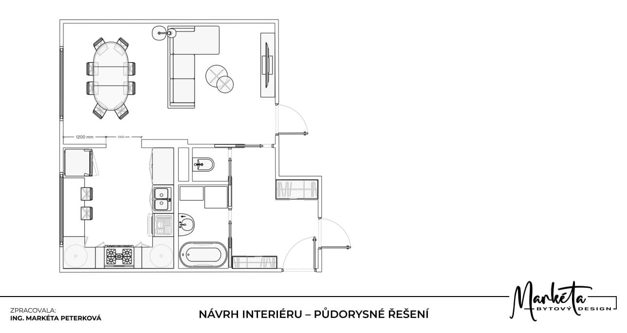 Půdorysné řešení bytu s kuchyní obývacím pokojem jídelnou koupelnou a vstupní halou
