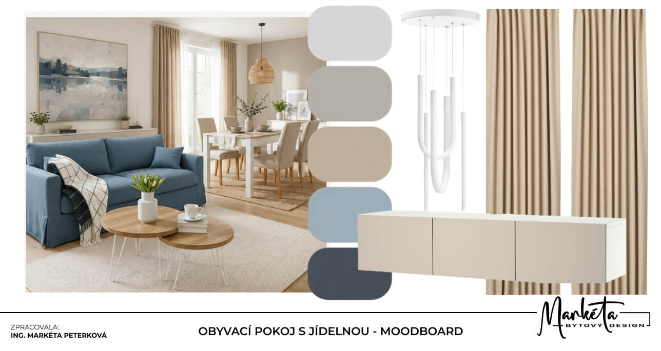 Moodboard obývacího pokoje s jídelnou v neutrálních odstínech a s modrými akcenty