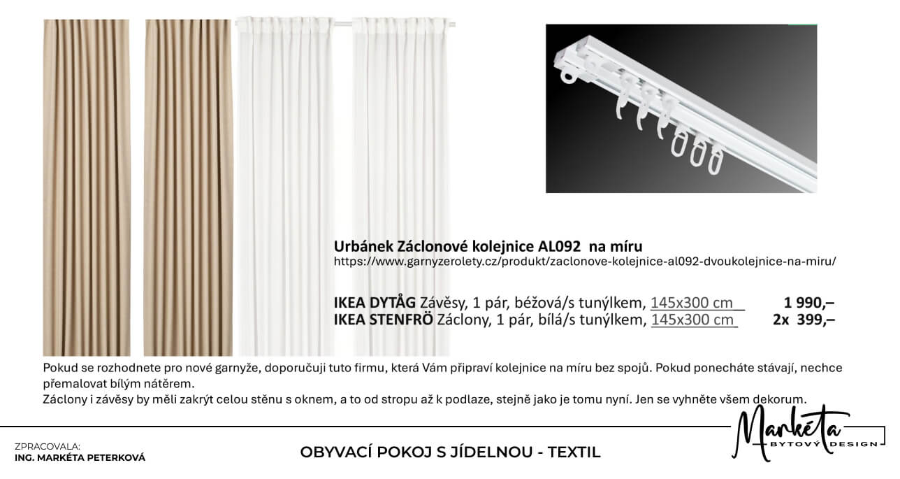 Výběr béžových závěsů bílých záclon a stropní kolejnice pro obývací pokoj s jídelnou