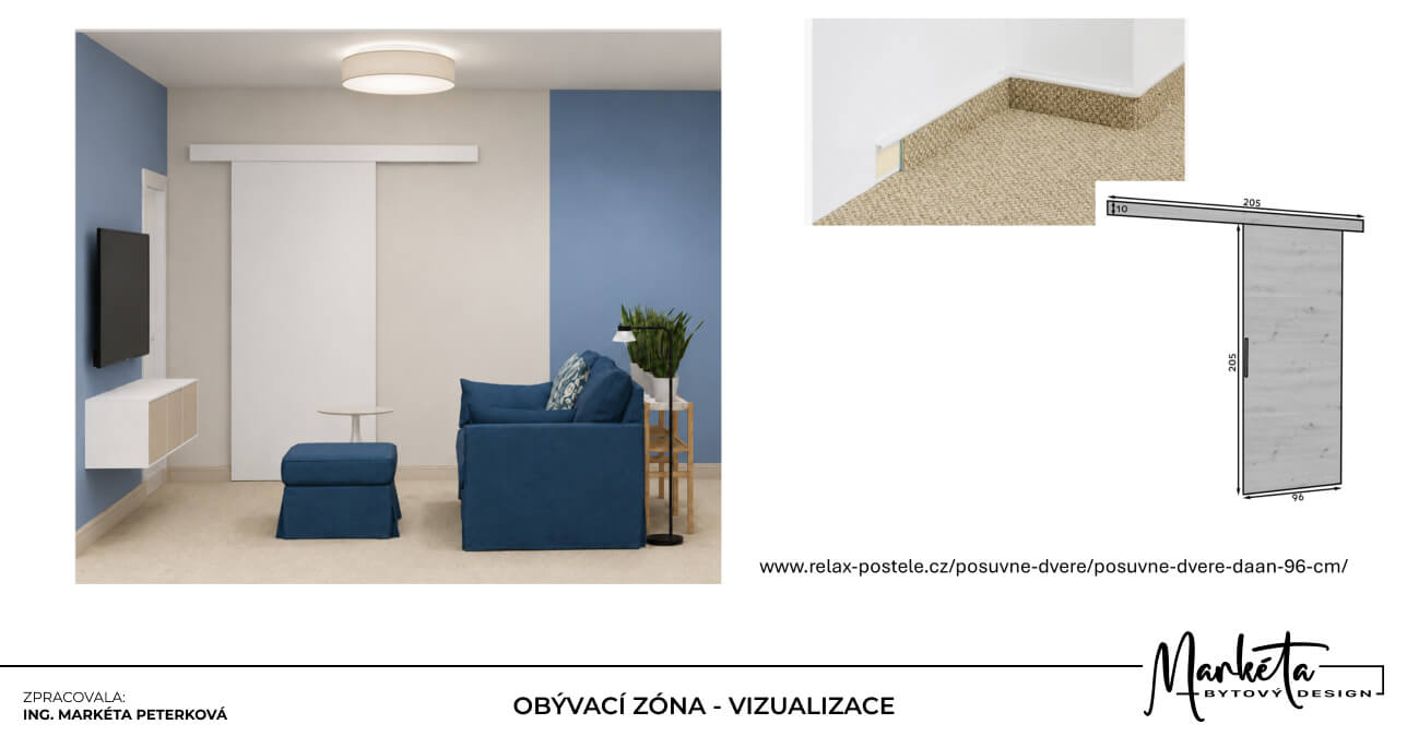 Návrh obývací zóny s modrou pohovkou posuvnými dveřmi a světlou podlahou