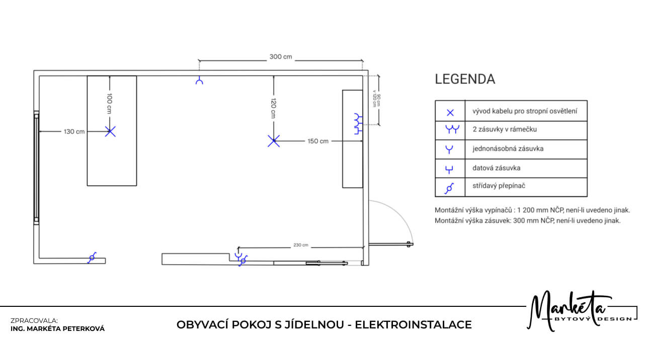 Plán elektroinstalace obývacího pokoje s jídelnou včetně zásuvek vypínačů a osvětlení