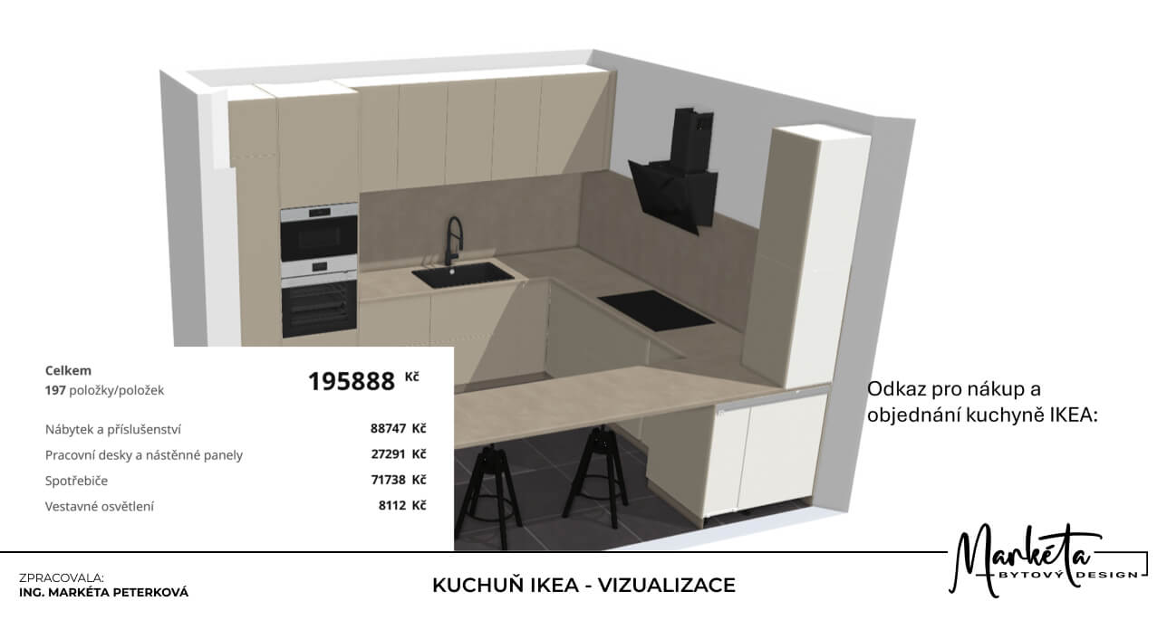 Návrh kuchyně IKEA do tvaru U ve světlých neutrálních odstínech s černými spotřebiči