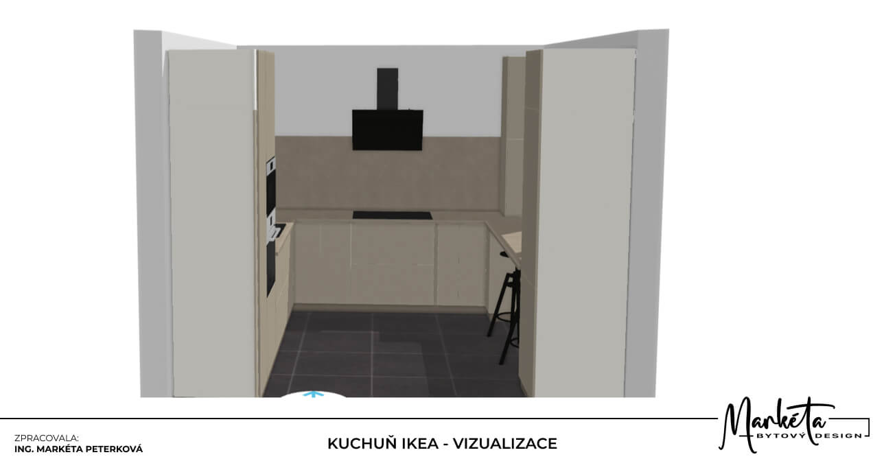 Čelní 3D pohled do světlé kuchyně IKEA s černou digestoří a tmavou dlažbou