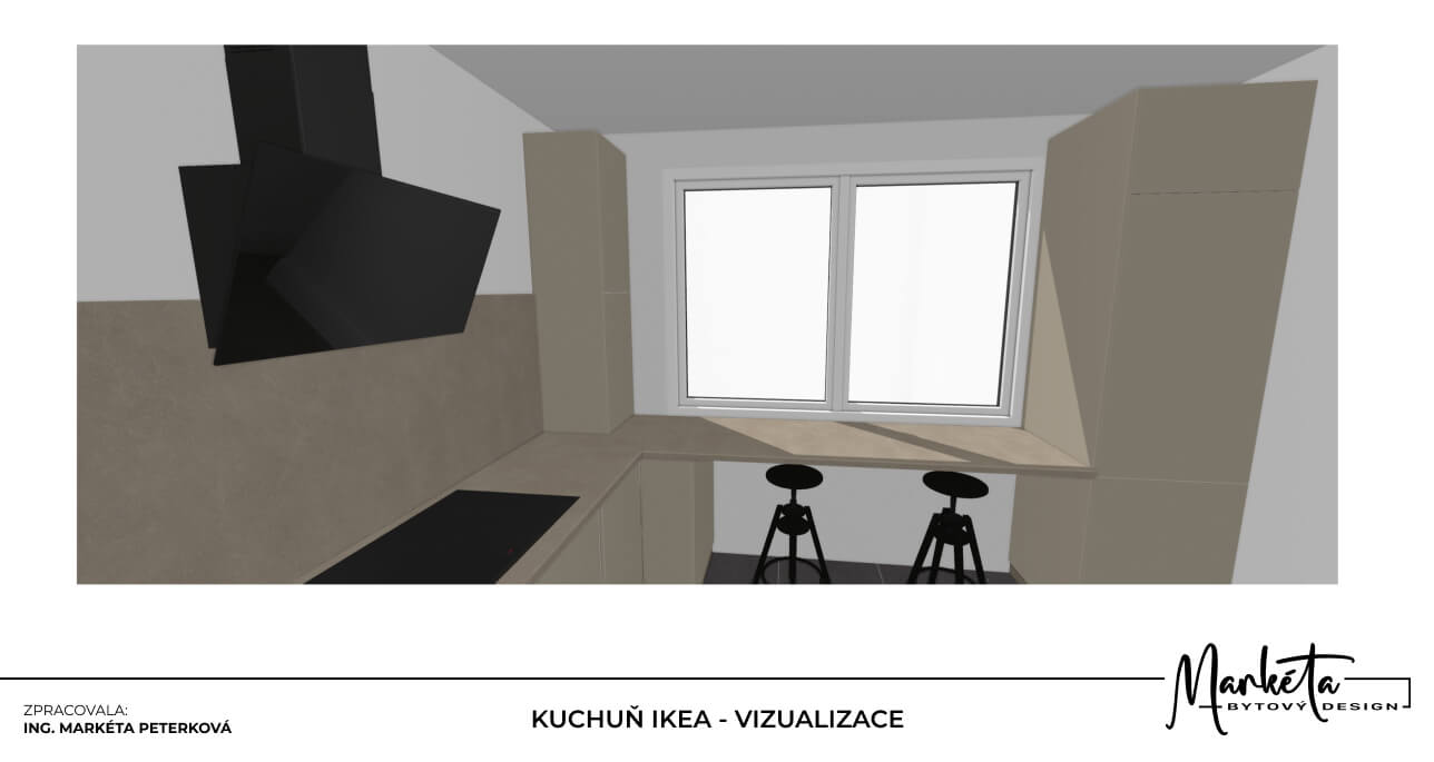 3D pohled na kuchyň IKEA s poloostrůvkem barovými stoličkami a oknem