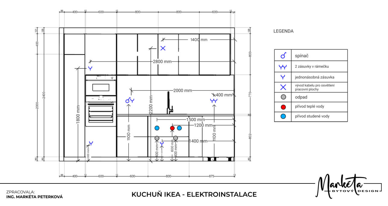 Technický pohled kuchyně IKEA s rozmístěním zásuvek osvětlení vody a odpadu