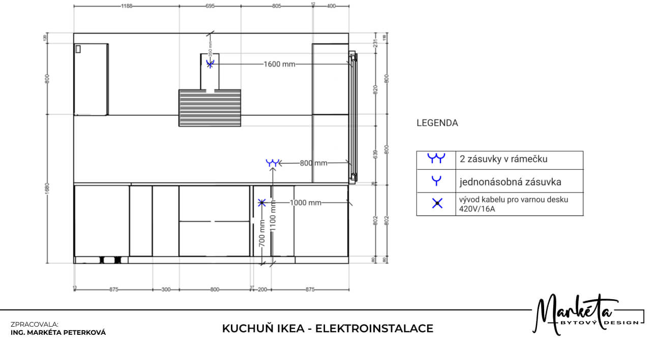 Plán elektroinstalace kuchyně IKEA se zásuvkami a vývodem pro varnou desku