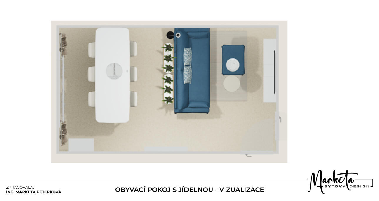 Pohled shora na dispoziční návrh obývacího pokoje s jídelnou modrou pohovkou a bílým stolem