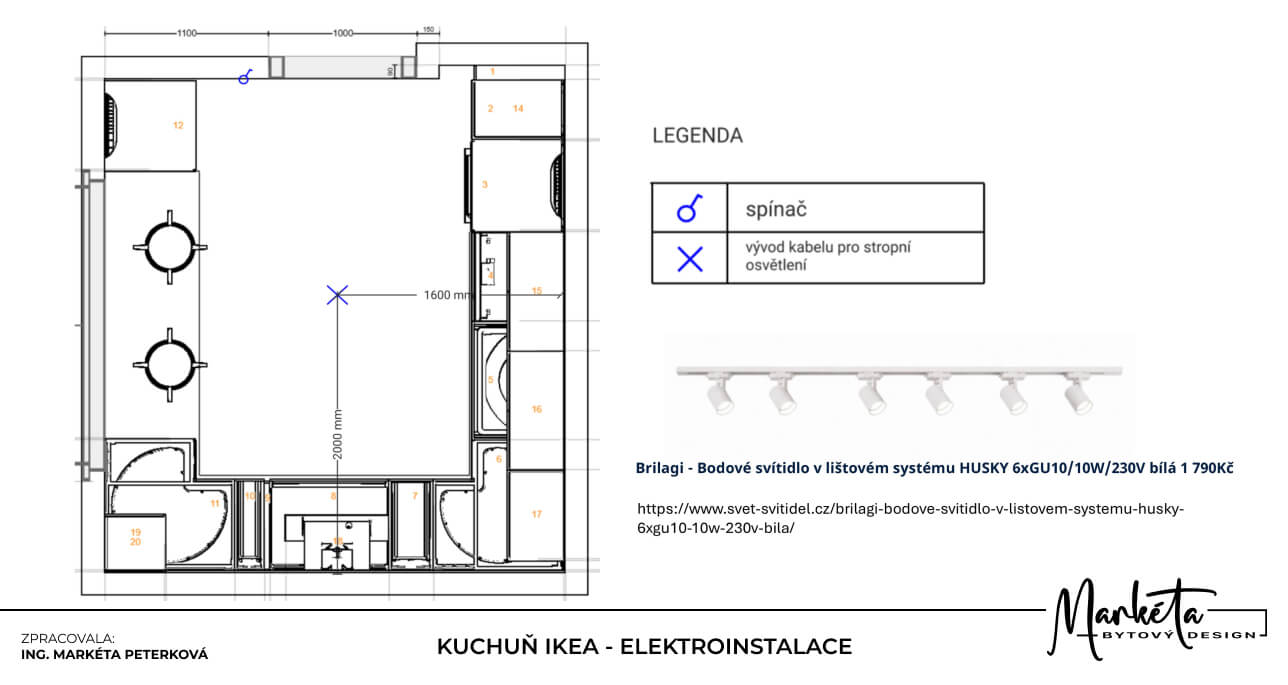 Půdorys osvětlení kuchyně IKEA s bílým lištovým systémem bodových světel