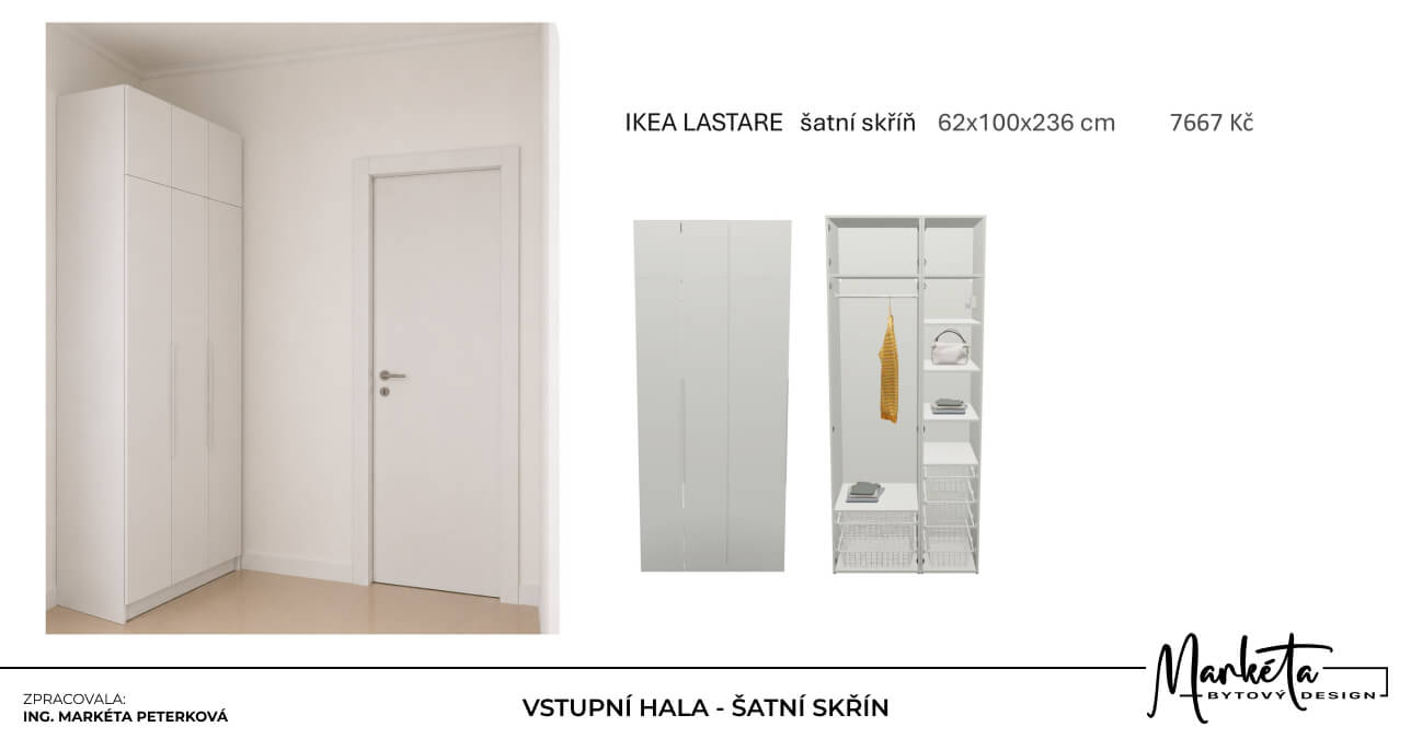 Návrh bílé šatní skříně IKEA ve vstupní hale