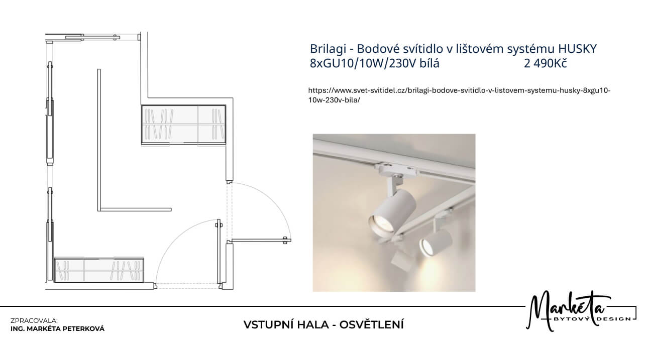 Půdorys vstupní haly s návrhem bílého lištového osvětlení