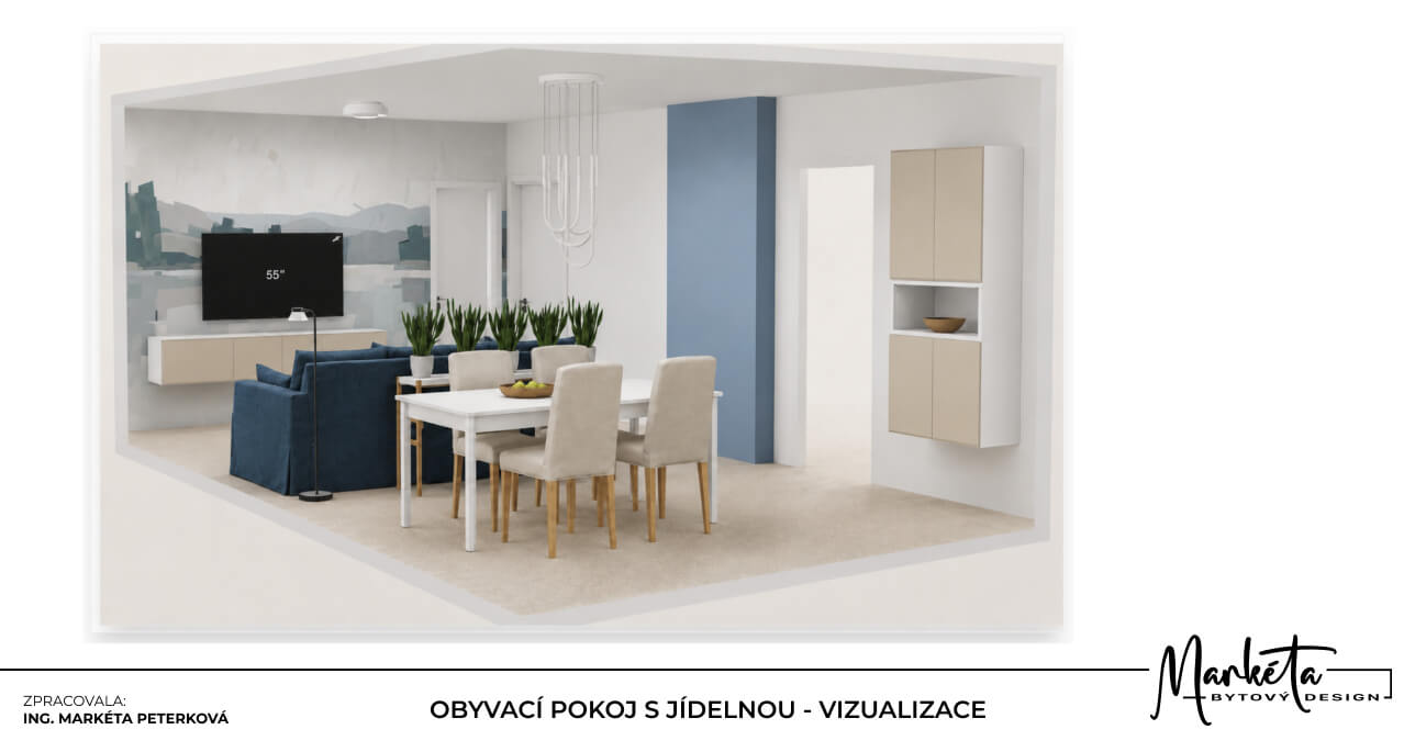 3D návrh světlého obývacího pokoje s jídelnou modrou pohovkou a abstraktní tapetou za televizí