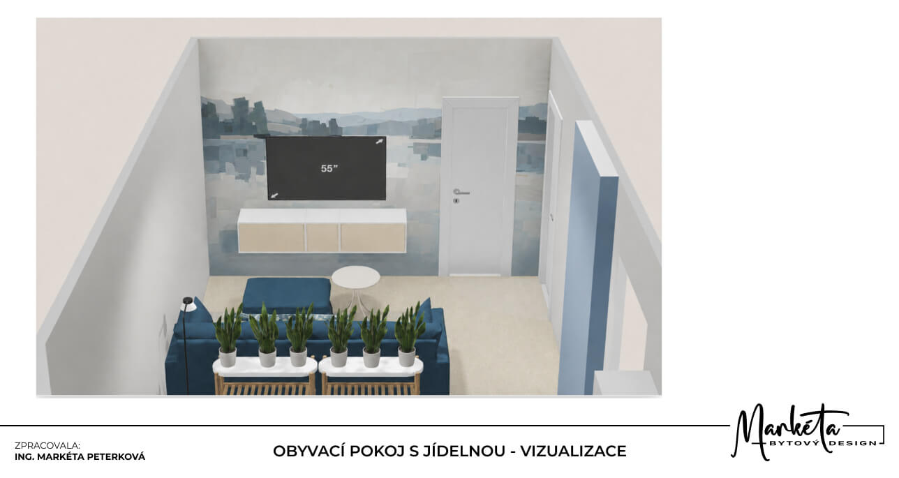 Pohled shora na obývací pokoj s modrou pohovkou rostlinami a televizní stěnou