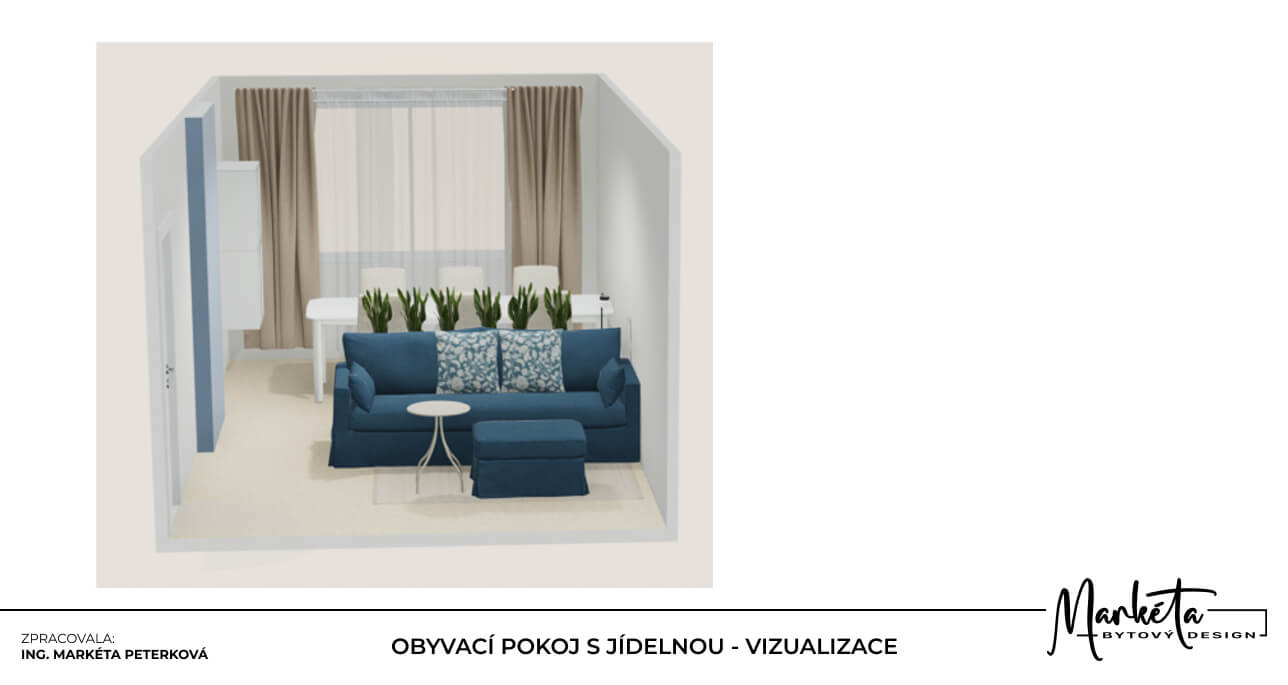 Čelní pohled na obývací pokoj s modrou pohovkou jídelním stolem a béžovými závěsy