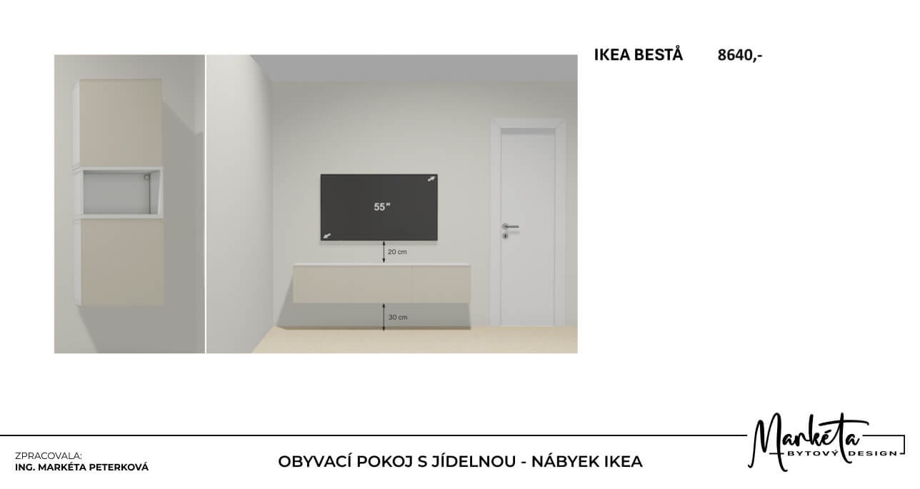 Návrh televizní stěny a úložných skříněk IKEA BESTÅ v obývacím pokoji