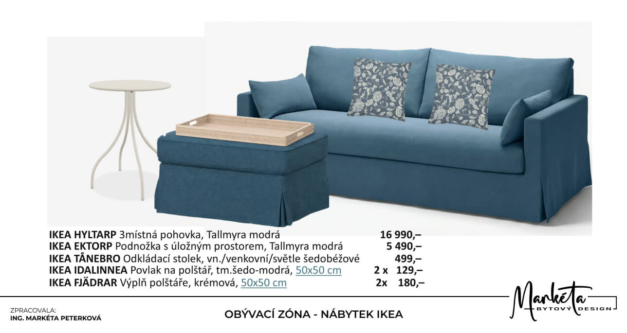 Výběr modré pohovky podnožky odkládacího stolku a polštářů IKEA pro obývací pokoj
