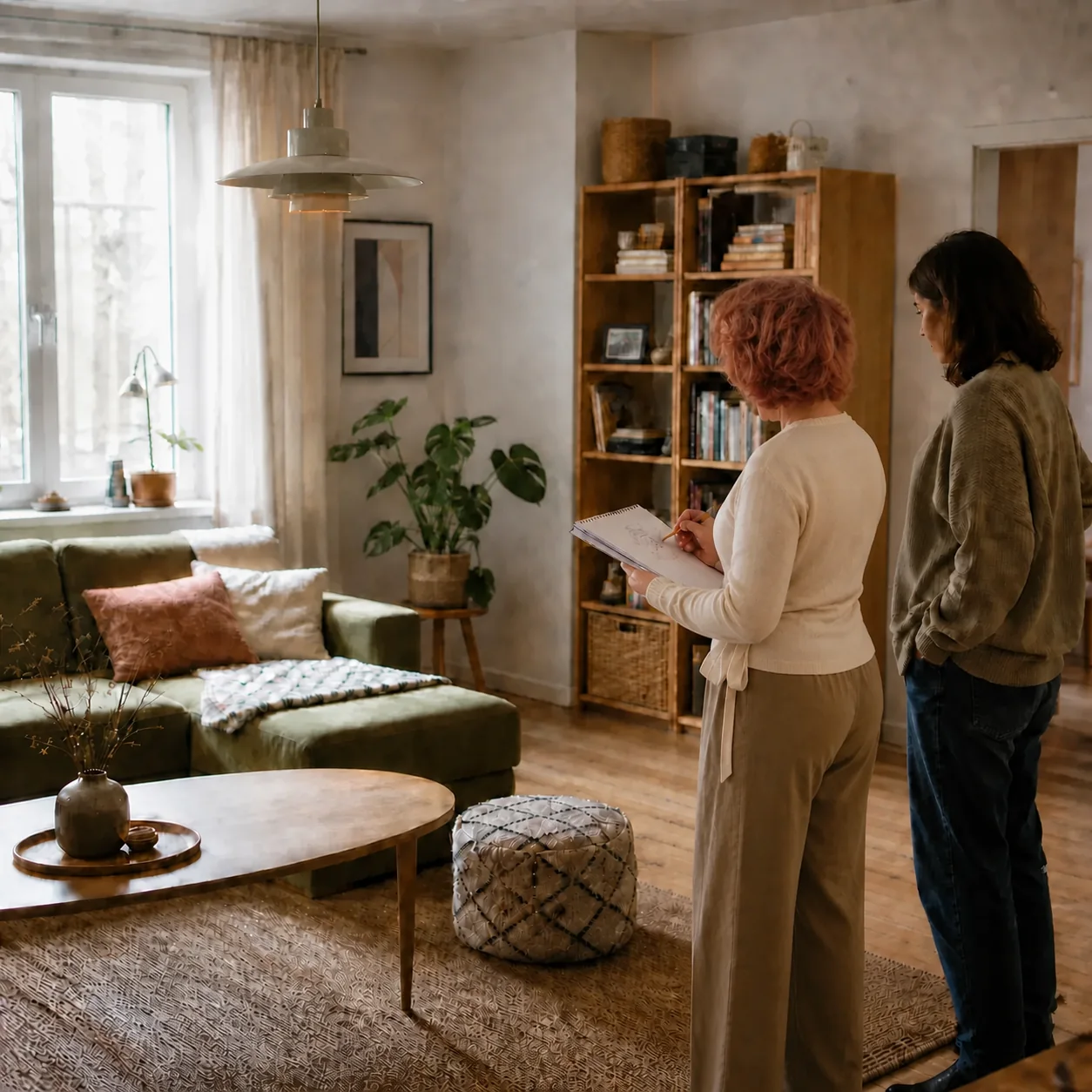 Markéta při designové konzultaci s klientem v zařízeném bytě