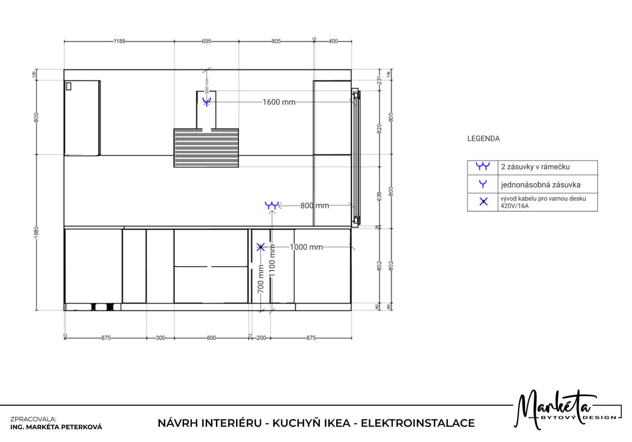 Technický pohled na druhou stranu kuchyně IKEA se zásuvkami a vývodem pro varnou desku