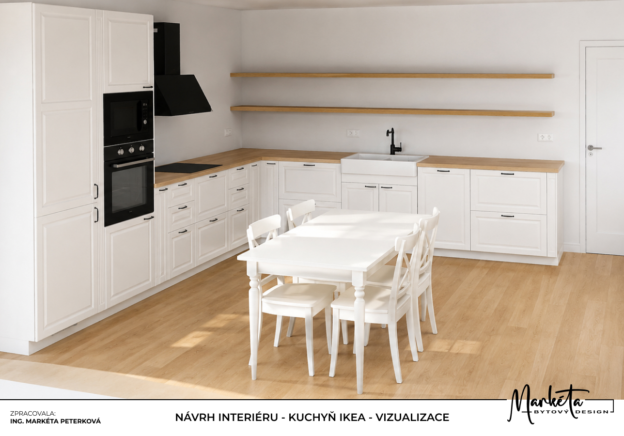 Bílá kuchyň IKEA ve venkovském stylu s dřevěnou pracovní deskou a jídelním stolem