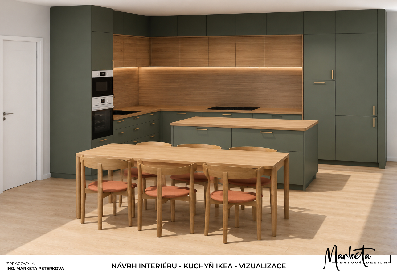 Čelní pohled na zelenou kuchyň IKEA s ostrůvkem, vysokými skříněmi a jídelním stolem