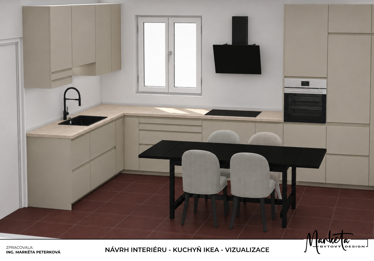 3D návrh béžové kuchyně IKEA do tvaru U s černým jídelním stolem a červenou dlažbou