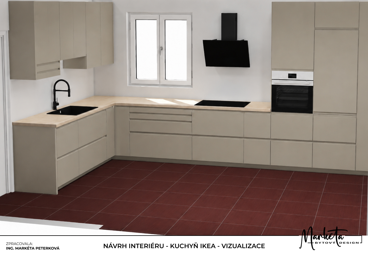 Béžová kuchyň IKEA do tvaru U s vestavnými spotřebiči a červenou dlažbou