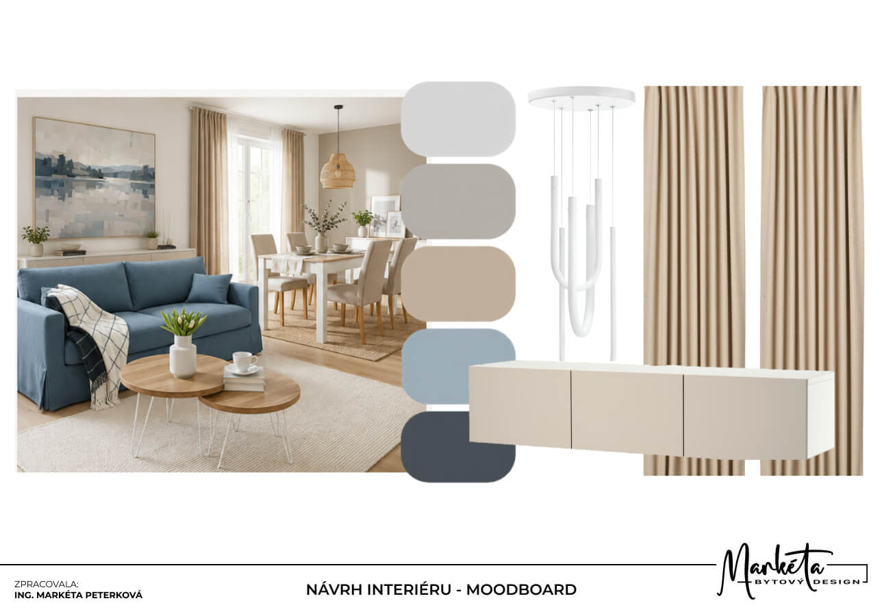 Moodboard interiéru s návrhem barev materiálů nábytku a osvětlení