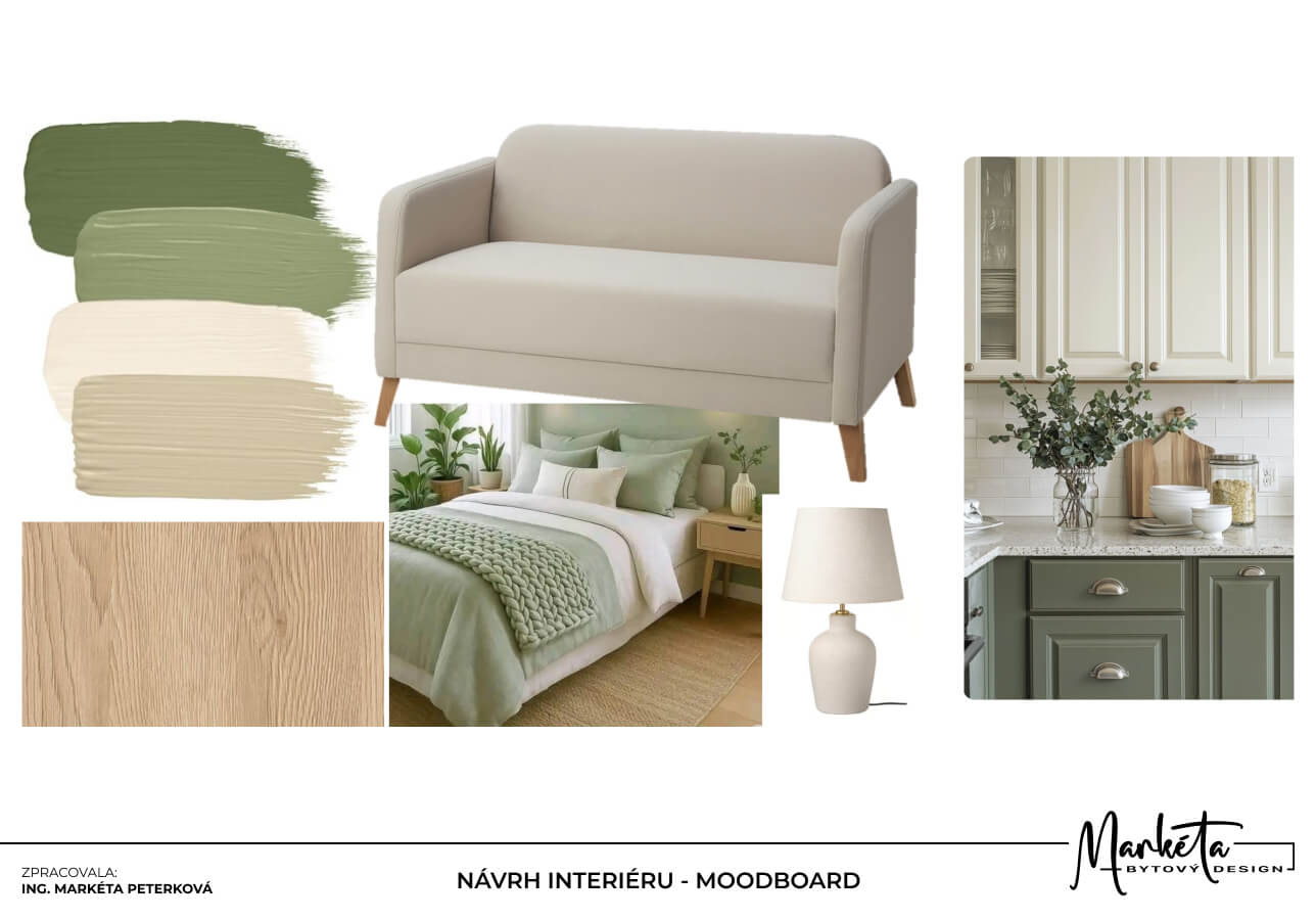 Barevný a materiálový moodboard pro návrh interiéru