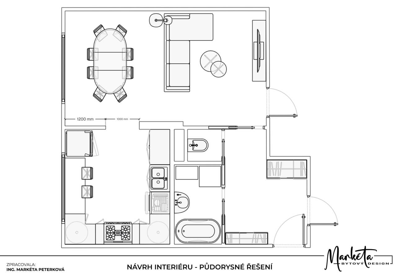 Dispoziční půdorys navrhovaného interiéru s rozmístěním nábytku