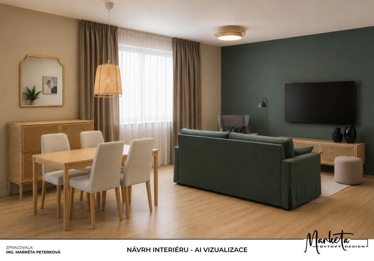 Vizualizace obývacího pokoje s jídelnou v přírodních zelených tónech